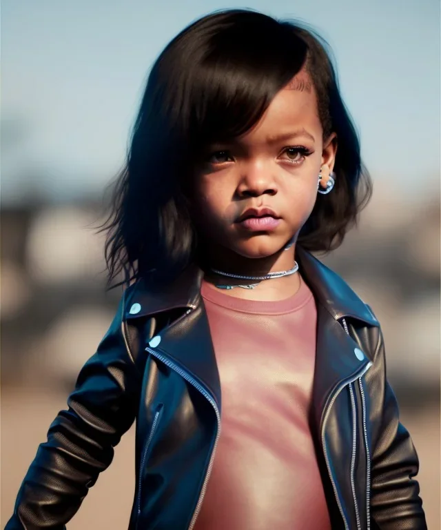 Rihanna toddler, full body, leather jacket, soft skin, dramatic lighting, hyper realistic