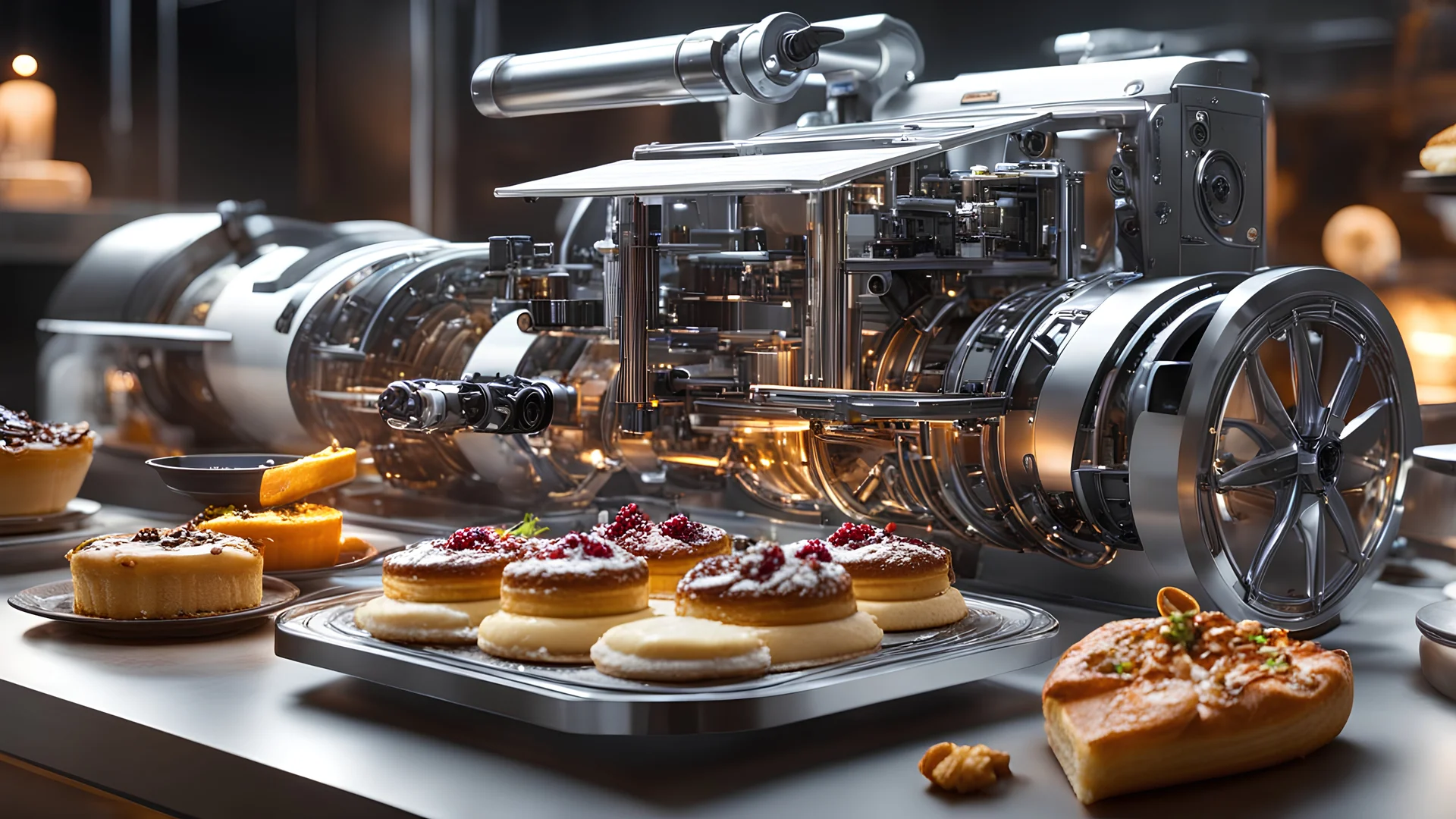 Machine robotique pour faire des pâtisseries élaborées, composition délicieuse, attrayante, chaude et exquise, beau rendu d'octane incroyablement détaillé et complexe, tendance sur artstation, photographie artistique 16k, art conceptuel photoréaliste, lumière parfaite cinématique volumétrique naturelle douce, clair-obscur, photographie primée, chef-d'œuvre , raphaël, le Caravage, alma-tadema