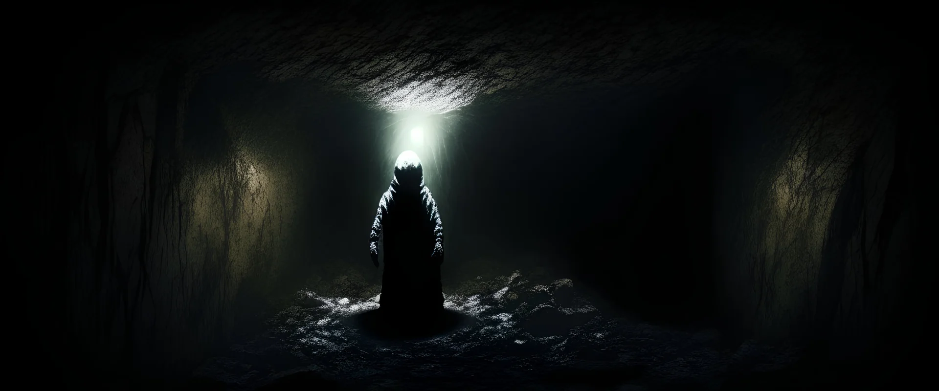 character in semi-darkness, on the scree cone of an underground room dimly lit by daylight coming from a well located forty meters above.