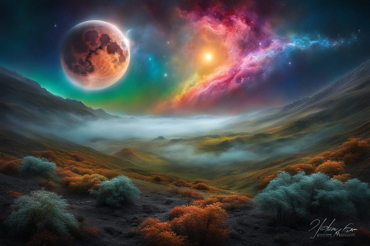 Moon Eclipse Season, fog, blue-yellow-orange-green-pink colors space-universe, with nebula, planets and stars, energy, molecular, textures, iridescent and luminous scales, breathtaking beauty of space, pure perfection, divine presence, unforgettable, impressive, breathtaking beauty of the universe, volumetric light style by Jeremy Mann. Spartak Mukanovski, vanishing point, super highway, digital painting, , Miki Asai photography, close-up, hyper detailed, sharp focus, intricate details, by greg