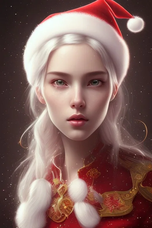 girl, cute, beautiful, long eyelashes, white hair, Santa hat, snowflakes, red dress, head and shoulders portrait, 8k resolution concept art portrait by Greg Rutkowski, Artgerm, WLOP, Alphonse Mucha dynamic lighting hyperdetailed intricately detailed Splash art trending on Artstation triadic colors Unreal Engine 5 volumetric lighting