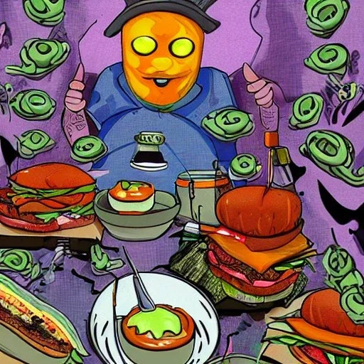 burger cult at the edge of the universe in surrealistic style