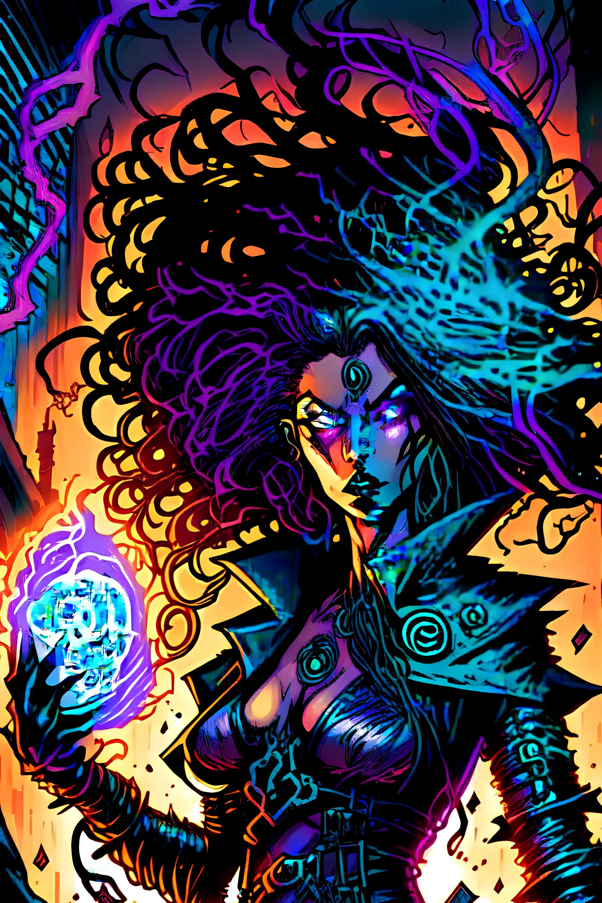 a illuminating work of art in the style of a comic with dark influences, featuring a female cyberpunk mage with flowing hair and overbearing eyes. She is holding a concept of a dream . In the background the world is alive. The viewer feels remorse.