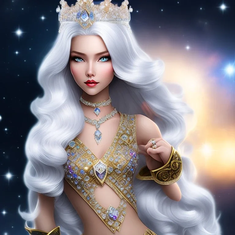 Ice Princess with white hair smilling, a crown with precious stones, bright background