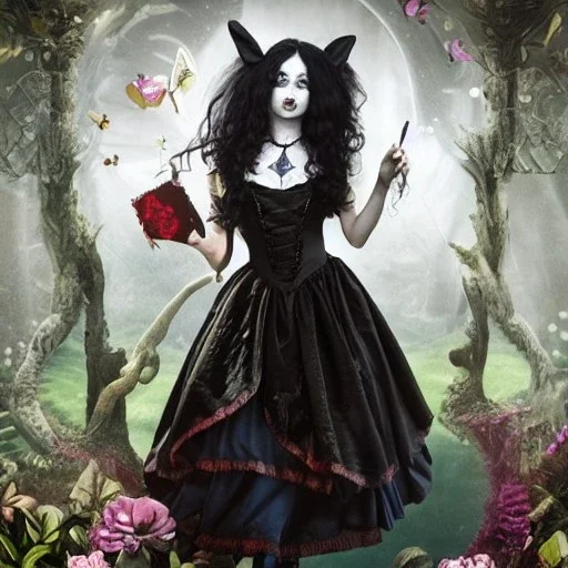 a goth alice in wonderland, 8k resolution, high-quality, fine-detail, color, intricate, realistic, sharp, crisp, digital art, detailed matte, volumetric lighting, illustration, octane render, brian froud, howard lyon, Anne Dittman, Anne Stokes, Lisa Parker, Selina French