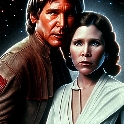 middle-aged carrie fisher embracing harrison ford in star wars, waist up portrait, photorealistic faces, intricate, masterpiece, expert, insanely detailed, 4k resolution, cinematic smooth, intricate detail , soft smooth lighting, soft pastel colors,