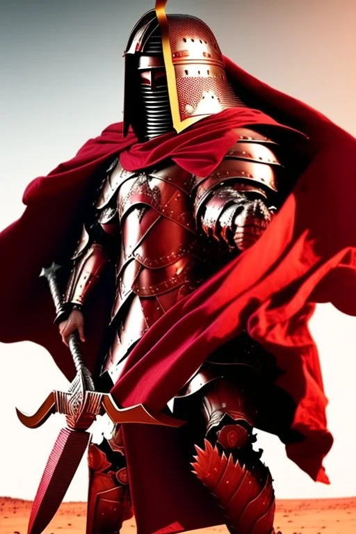 Planet Mars portrayed as a menacing man wearing Roman-like armour, a red cape, and a spartan helmet that covers his face entirely, he is armed with a spear and a spartan shield, his armour is covered with battle marks