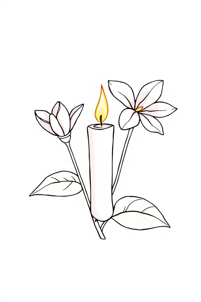 outline art for square Heart Candle Plumeria coloring page for kids, classic manga style, anime style, realistic modern cartoon style, white background, sketch style, only use outline, clean line art, no shadows, clear and well outlined