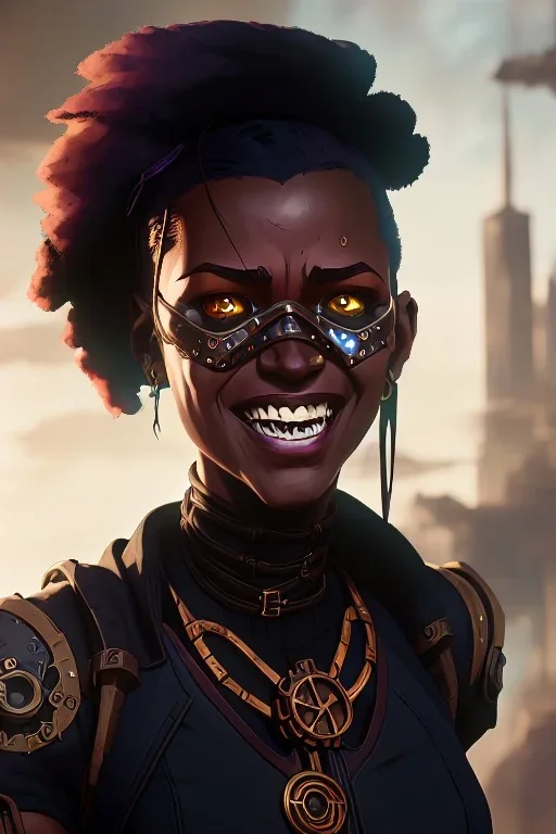 portrait,beautiful black woman smiling, post-apocalyptic in a steampunk city, realistic, intriacte detail, sci-fi fantasy style, volumetric lighting, particales,highly detailed,cinamatic, deep colours,8k