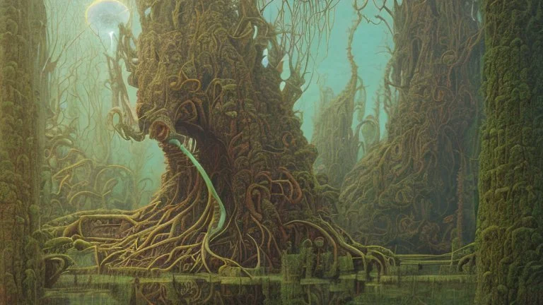 Surreal water faucet shaped trees, strange landscape of towering long-limbed alien-like cryptids gently tending the fauna, meander style surrealism, by Kay Nielson, by Salvador Dali, by Zdzislaw Beksinski, sinister, weirdcore, pastel colors.