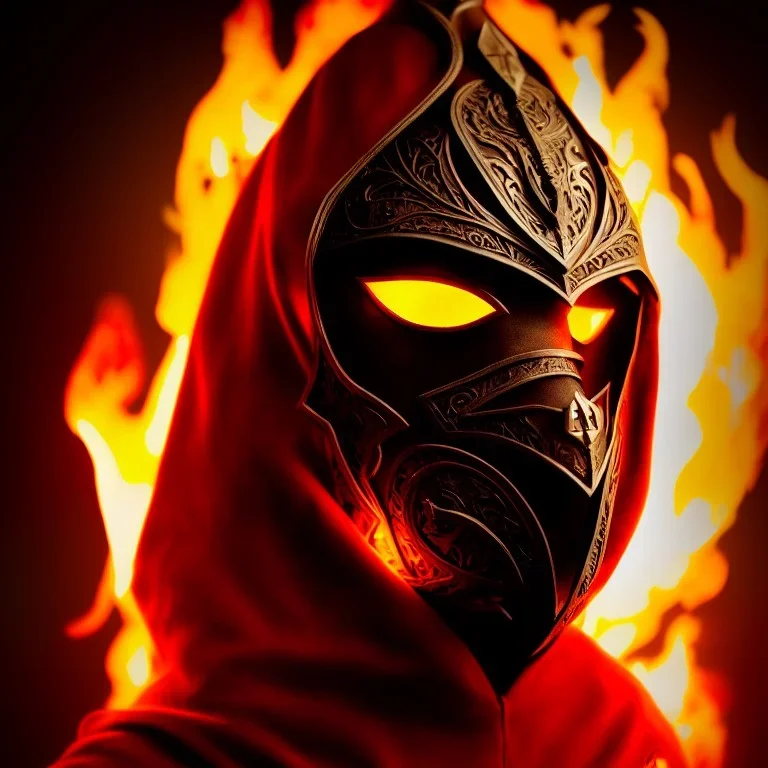 warrior walking into the flame, cinematic, HDR, highly detailed, mask cover whole face and hood, scull mask, ProPhoto RGB, Half rear Lighting, nsane details, intricate details, 32k, Super-Resolution, DOF, Color Grading, Depth of Field, ghost, messenger of death, non photorealistic rendering