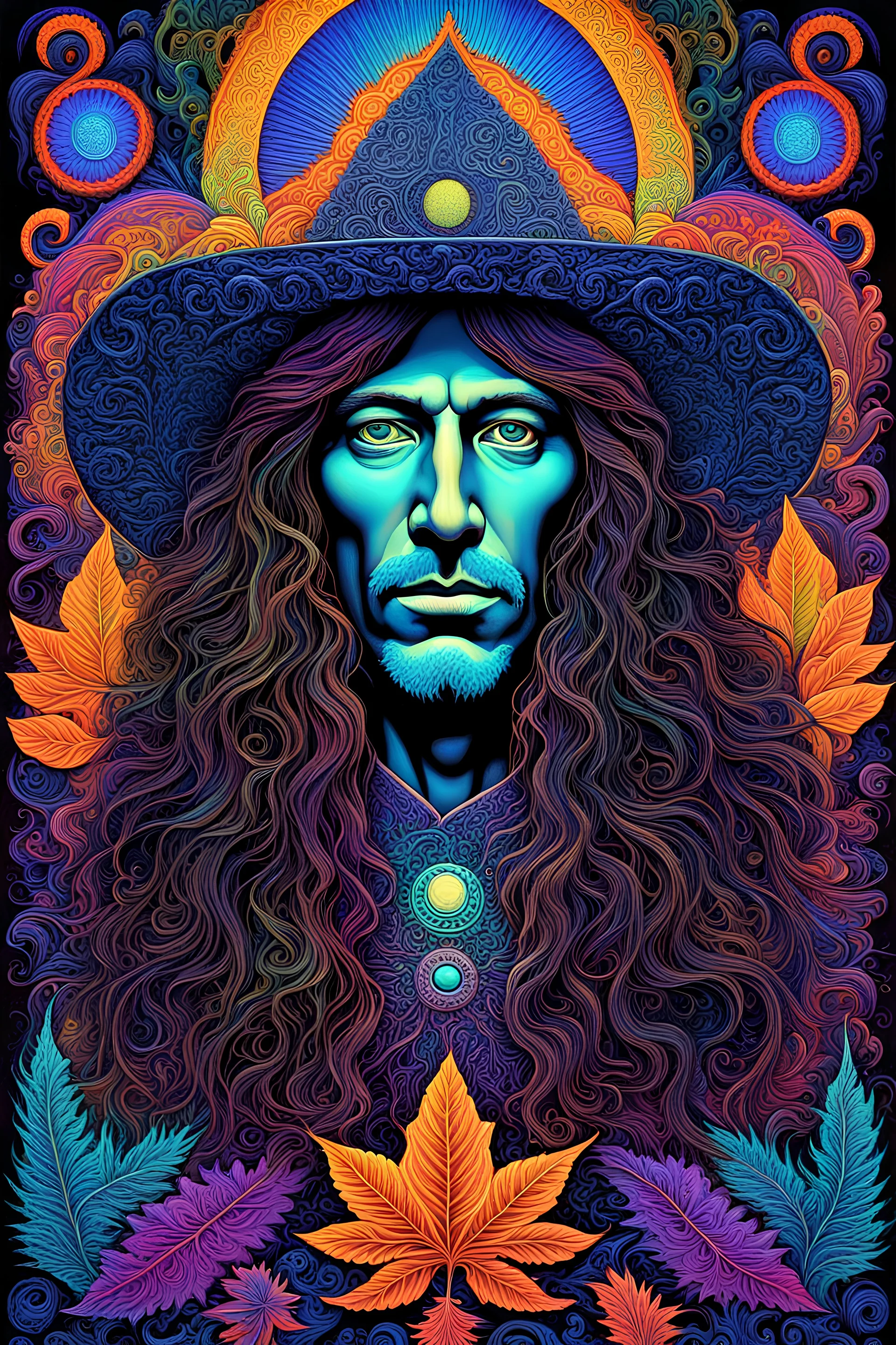 Rich Robison, 3D embossed textured ethereal image; midnight hues, extreme colors, long-haired freckled Rich Robinson; trippin', psychedelic, groovy, art nouveau; indica, sativa, leaves, gig poster art, macabre, eldritch, bizarre, extreme neon colors, mixed media, velvet, paisley, embroidered, blacklight, uv