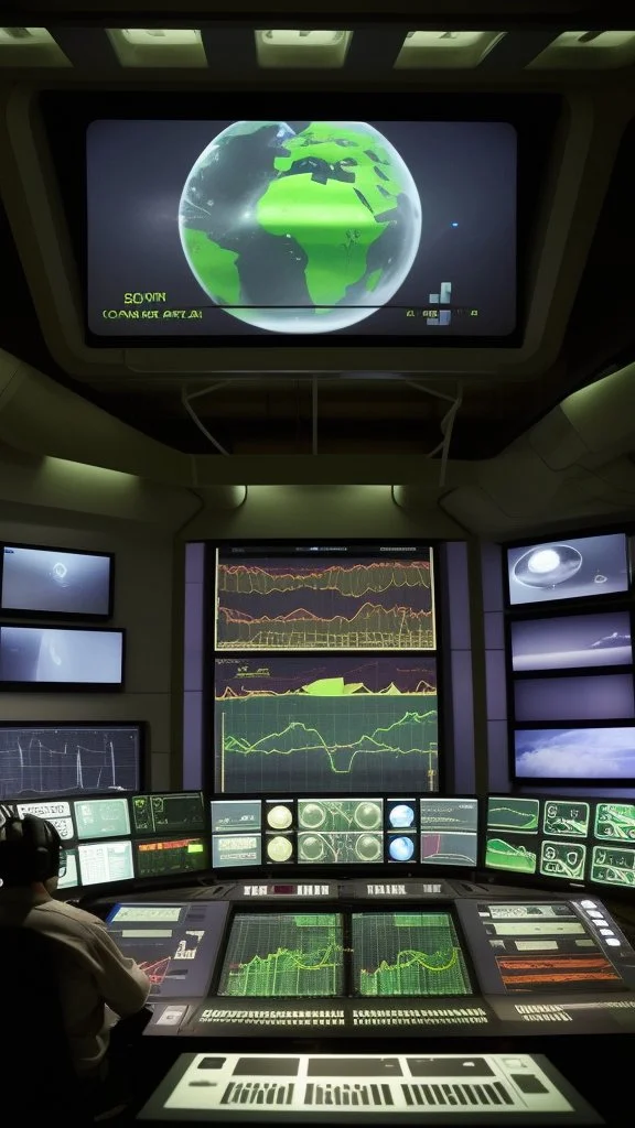Inside a spaceship control room a monkeys pilot sitting on the control of big screen showing plant earth very close