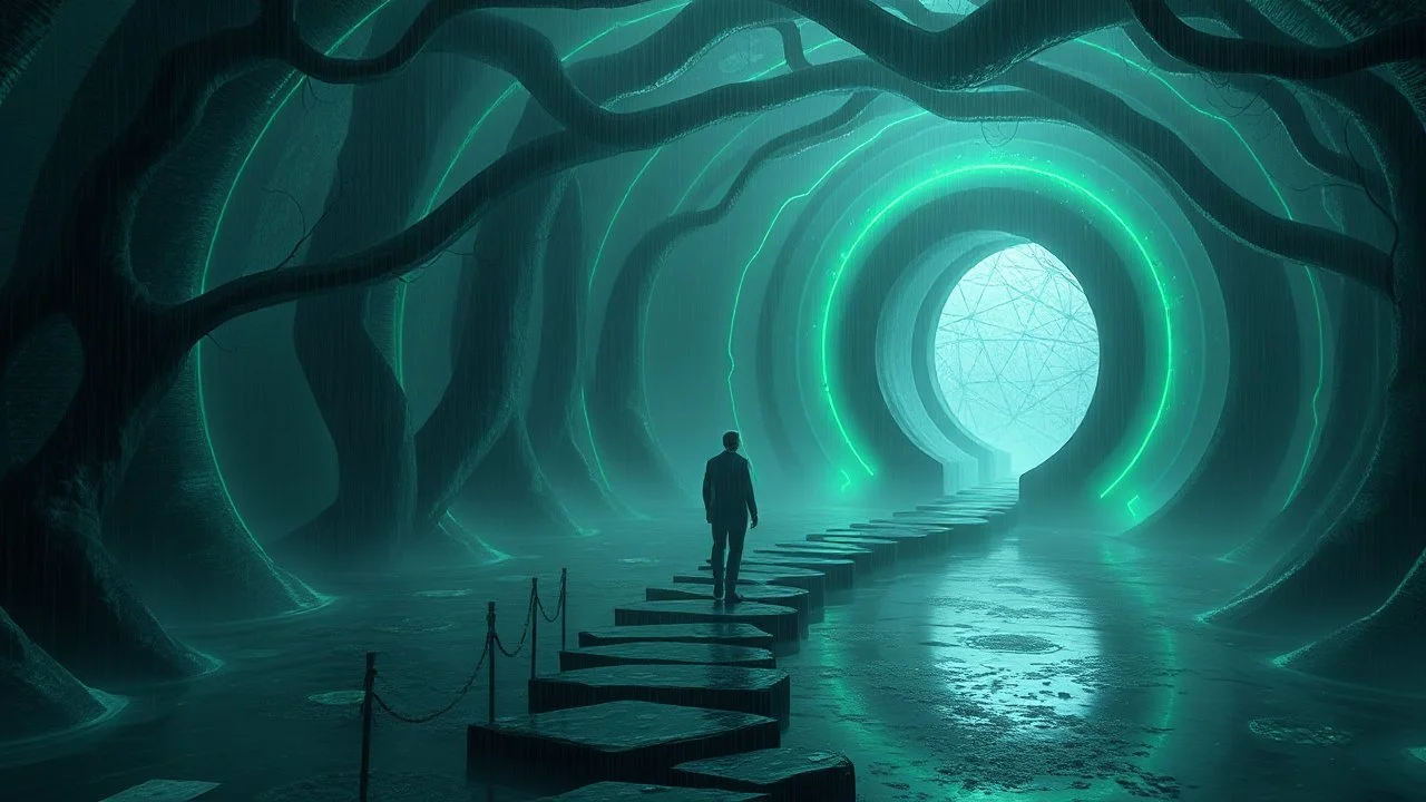 The AI's voice echoes through the damp air, guiding you through the twists and turns of the labyrinthine portal. With each step, you can feel the wetland's energy pulsing through your veins, connecting you to the uncertain AI.