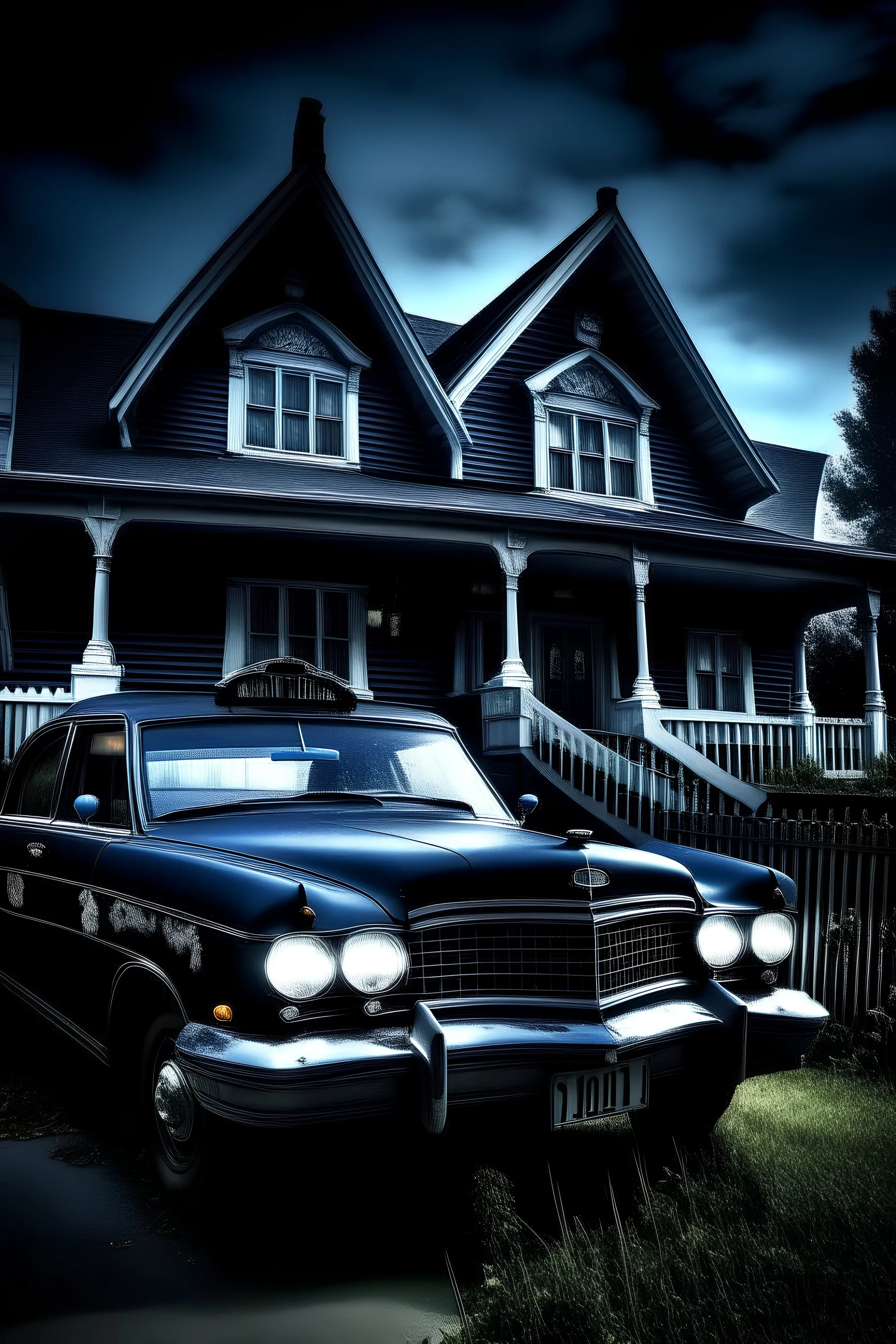 gothic paranormal haunted hause police car in front of the house