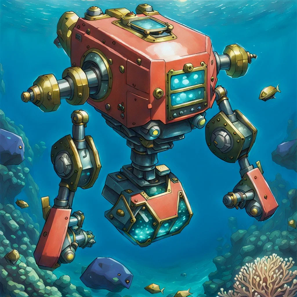 90's fantasy tcg art of coral \armored diving robot robot in crystal deep waters