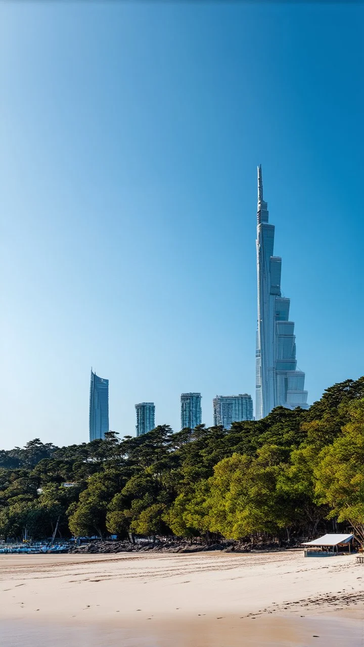 A long, sweeping Sandy Bay With sci-fi skyscrapers Along The Shoreline, with dense trees