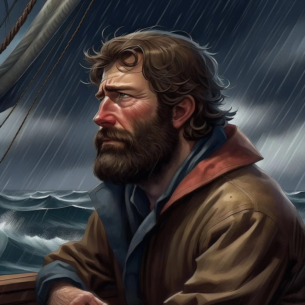 The lanky brown haired bearded deckhand "Simon" looking out at a stormy sea realistic grimdark