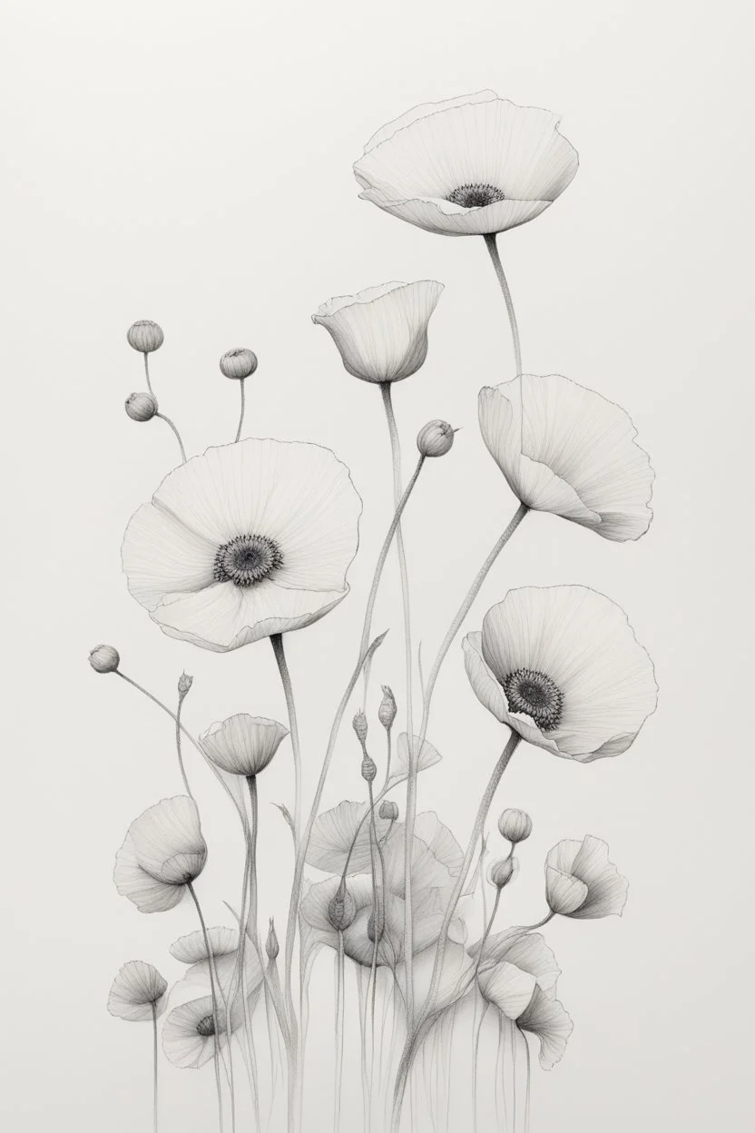 A white butterfly Minimalist white ink pencil and white drawing of white poppies in a white background