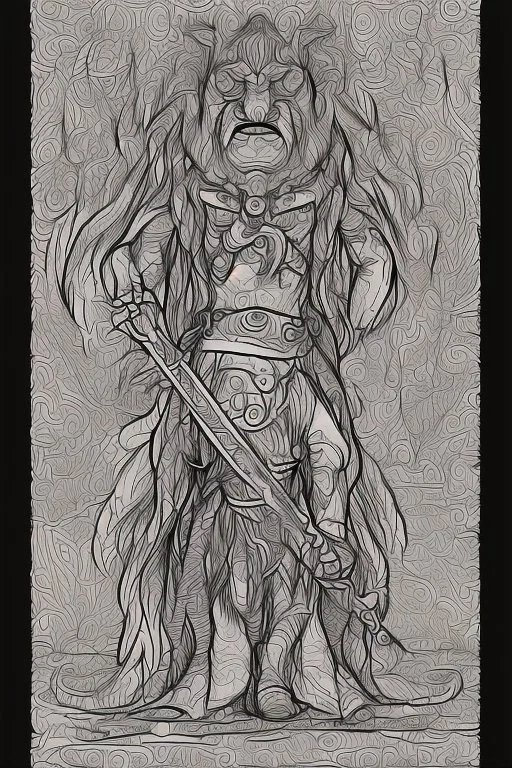 coloring book page of a gigantic troll holding a sword