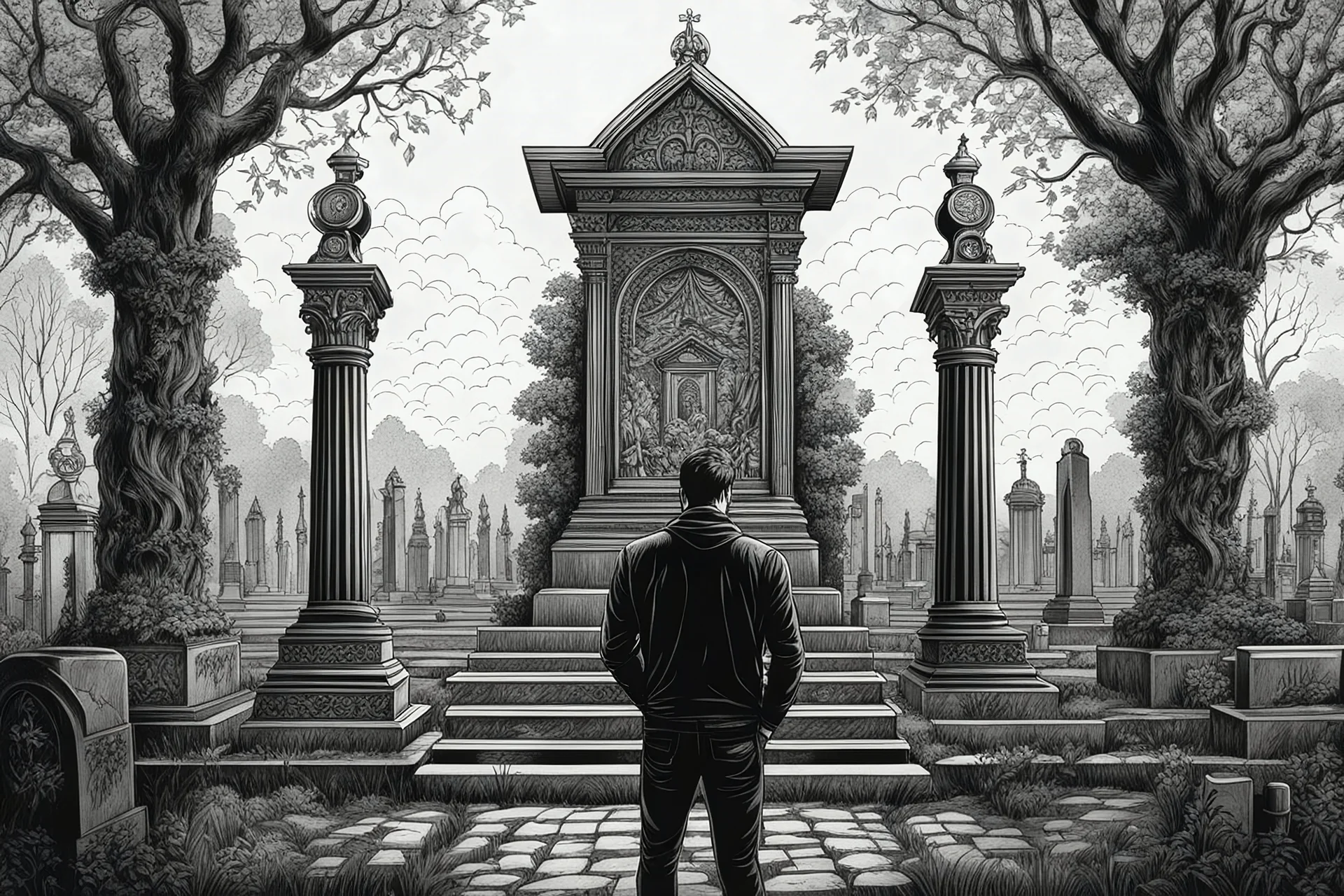 Man standing a front of grave of Cemetery in 8k tattoo drawing style, intricate details, highly detailed, high details, detailed portrait, masterpiece,ultra detailed, ultra quality