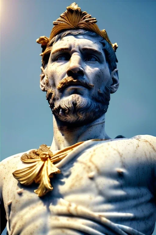 Realistic image, Roman sculpture made in white marble with gold veins, Lionel messi with gold laurel leaves crown, decorative star on the chest, waist up portrait, marble material, gold ornaments, Baroque style, sun rays background, epic, celestial, cinematic lighting, God lights, 4k resolution, smooth details, soft lighting, unreal engine 5, art station, substance 3d.