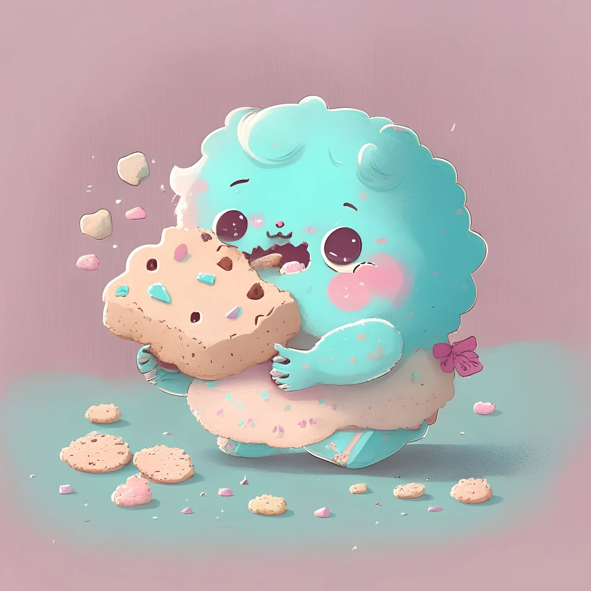 illustration of a cute character eating a piece of cookie, digital art, character design, pastel colours