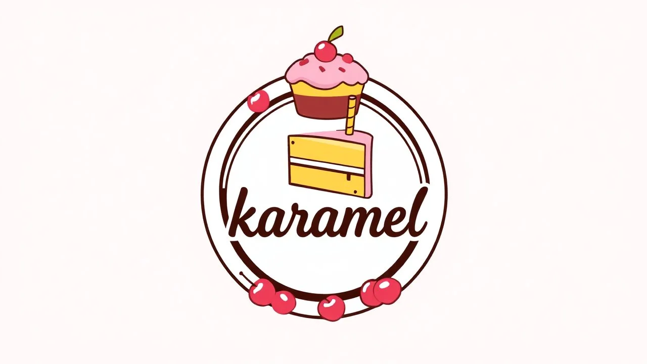 A round logo with a black and pink border named (karamel) designed for a sweet shop with a golden cherry and pink theme and a big birthday cake and some cherries hanging from the side of the logo on a white and pink background.