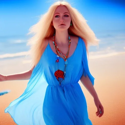 Beautiful sunny face woman blue eyes long blond hair in an hippy blue flower dress on a beach, unreal engine, 4k