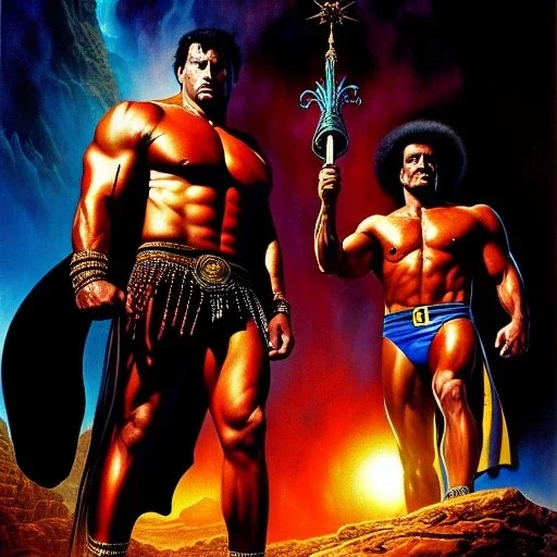 (full body)portrait oil on canvas,'David and Goliath ',comic book cover, mystical colors,insanely detailed,realistic,intrincate detail,crystal clear eyes,perfectly drawn face, 16k resolution, masterpiece,Simon Bisley,Frank Frazetta,Alex Horley,ARTHUR ADAMS