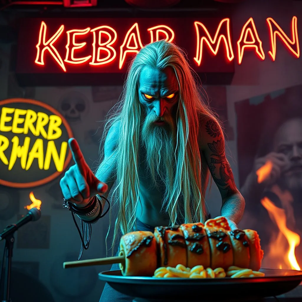a very thin swedish viking man, evil with very long blonde hair (2 meter), (fat glowing eyes), he is called "KEBAB MAN" performing at death metal club, his name is "KEBAB MAN" kebab rolls On stage, kebab Neon lights and smog, and "KEBAB MAN" big sign on the wall, kebab tribal tattooes, spinning kebab machines, flames and smoke, chaos, he using gasolin and pour it on the kebab on the stage, pointing middle finger