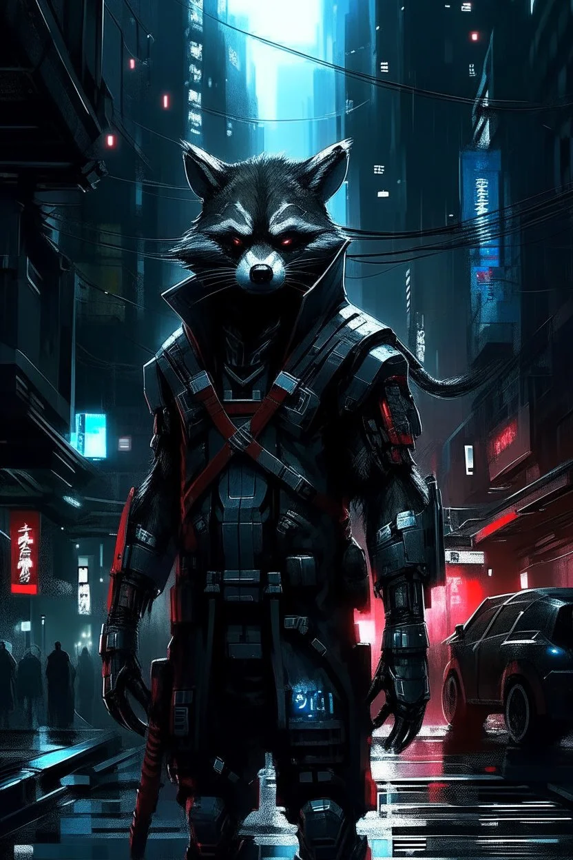 a cyberpunk racoon standing in a city street, black armour, with red highlights, grey cyberpunk city background