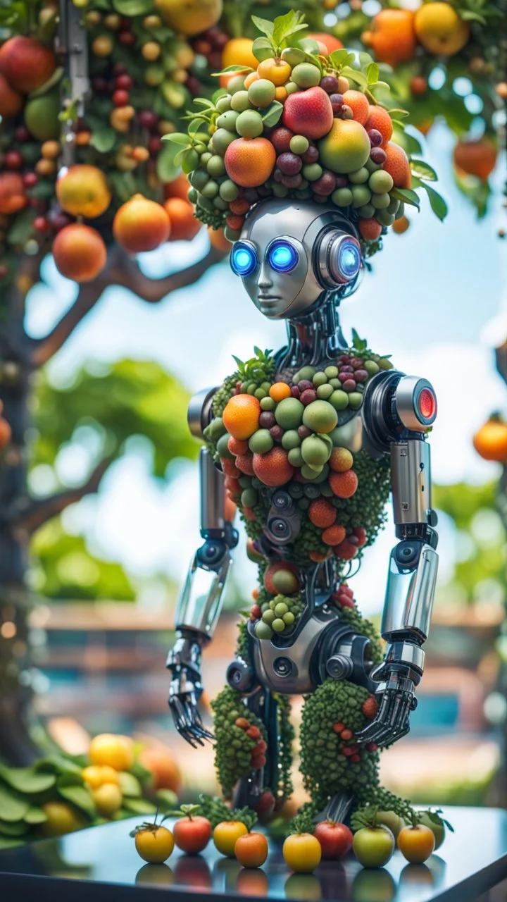 a full body portrait of a vegan hippie cybernetic robotic fruit tree made of living plants in all colors and tasty fruits growing, and having a sentient look in its eyes, like a buddha, on a glass pier,bokeh like f/0.8, tilt-shift lens 8k, high detail, smooth render, down-light, unreal engine, prize winning