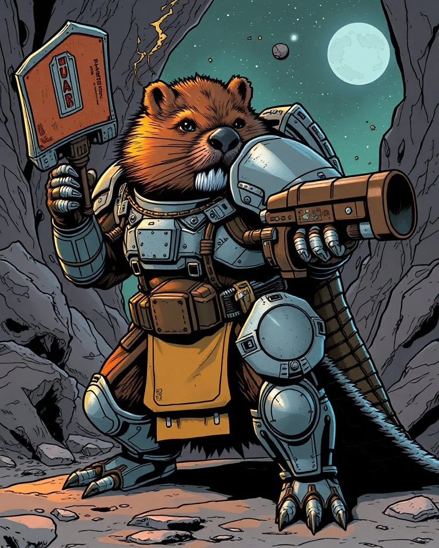 Comic of an armored beaver warrior from science fiction, ultra quality