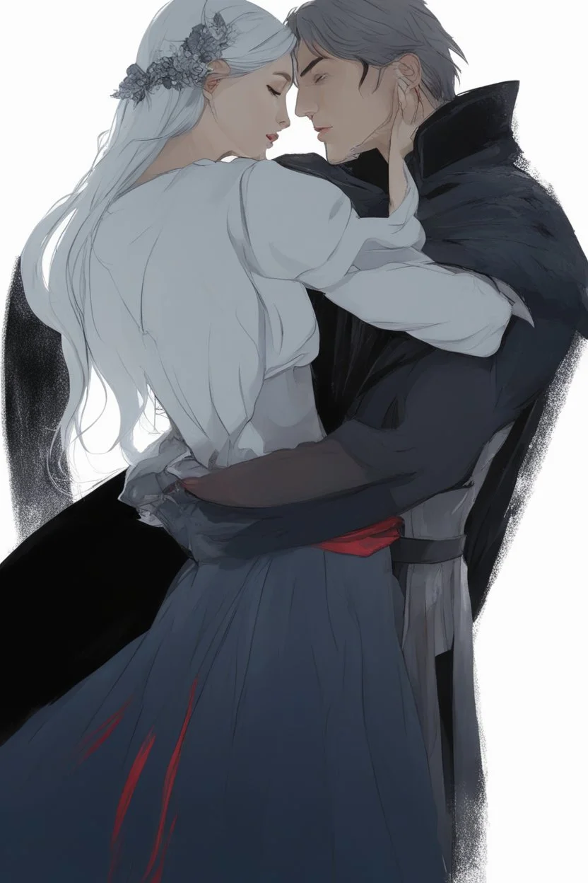 Couple from dnd kissing, woman with white hair wearing a dress, man with long black hair tunic and red cloak.