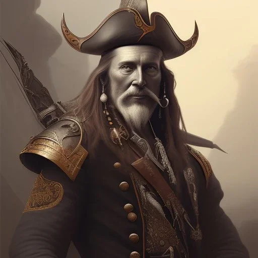 redshift style, painted portrait of a pirate, masculine, mature, pirates, upper body, grey and silver, fantasy, intricate, elegant, highly detailed, digital painting, artstation, concept art, smooth, sharp focus, illustration, art by gaston bussiere and alphonse mucha