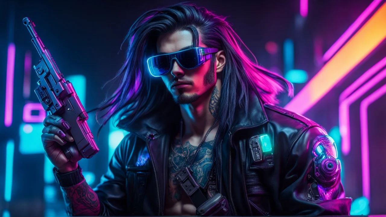 male cyberpunk solo with long hair, korean, Wearing Urban Gang Flash and mirrored dark sunglasses, and shot gun, headaphone, strong cyber warrior, black tatoo, attrakvtive man, Retroanime, rembradt lighting, neon complementary colors, dark vibe, scifi