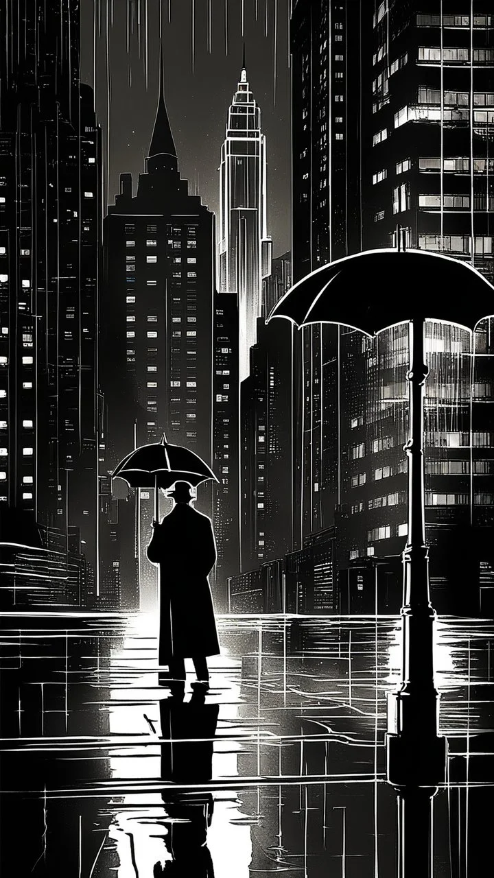 An atmospheric, noir-style illustration of a rainy cityscape at night, featuring glowing streetlights reflecting off the wet pavement, towering Art Deco skyscrapers, and a mysterious figure holding an umbrella, evoking a sense of intrigue and timelessness.thin line draw