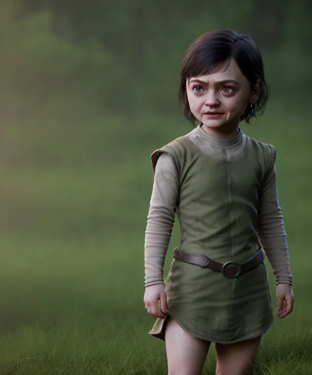 Arya stark toddler, full body, soft skin, dramatic lighting, hyper realistic