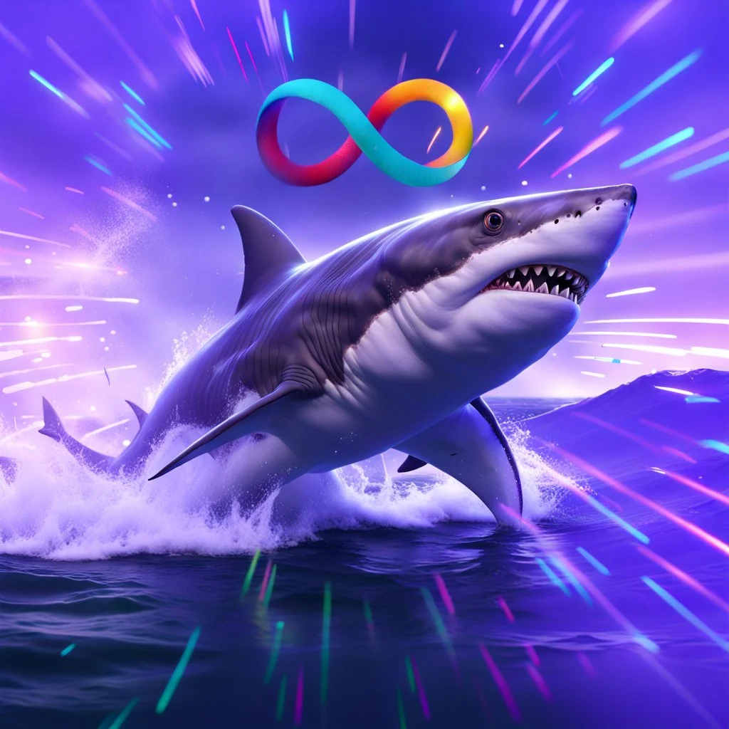 infinity symbol ∞ with vibrant powerful shark jumping out of the sea, with a strong wave flowing behind, striking, chiaroscuro, dramatic, captivating, powerful, fantasy, beautiful, octane render, 16k post-production, artstation: award-winning: atmospheric: commanding: fantastical: clarity: ultra quality: striking: brilliance: stunning colors: amazing depth; lens: f/11, 35mm