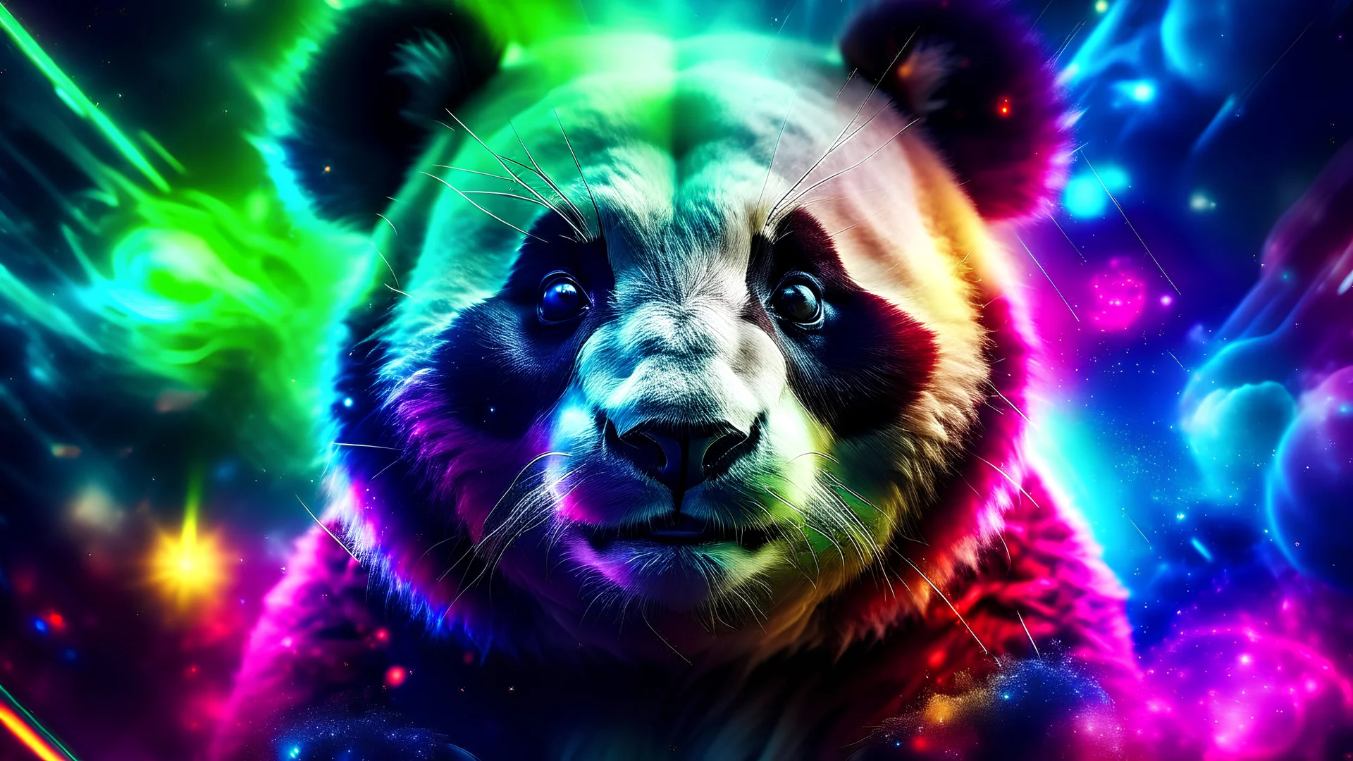 Magical panda in space. nebula , Flying Petals, Sparks, Lightning,, Portrait Photography, Fantasy Background, Intricate Patterns, Ultra Detailed, Luminous, Radiance, Ultra Realism, Complex Details, Intricate Details, 16k, HDR, High Quality, Trending On Artstation, Sharp Focus, Studio Photo, Intricate Details, Highly Detailed, hearts. colorful