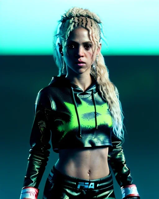 portrait, Shakira, blonde artist, angry, Realistic image, MMA robe, hoodie, mma gloves, fight pose, make-up make-up, gold line make-up, sweat, fog, goddess style, Neon colors, leds. Black background, photo studio, concept art, smooth, unreal engine 5, god lights, ray tracing, RTX, lumen lighting, ultra detail, volumetric lighting, 3d, finely drawn, high definition, 4k.