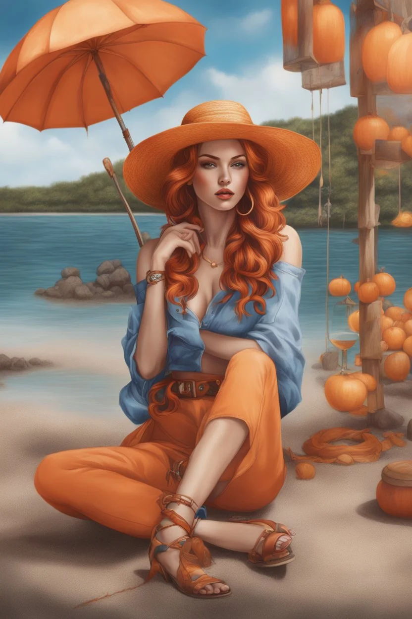 Full body of beautiful girl nami, Hair Color: Orange, Style: Wavy, Outfit Top: Blue, Outfit Bottom: Orange, Shoes: Brown, Accessories: Tangerine, Weapon: Clima-Tact, Hat: Straw, Tattoo: Pinwheel, Earrings: Hoops, sophisticated,, beautiful woman, hyper realistic, hyperrealism, photoreal, realistic, photorealistic, soft pastels, full-body, standing, long shot, wide angle, aesthetic