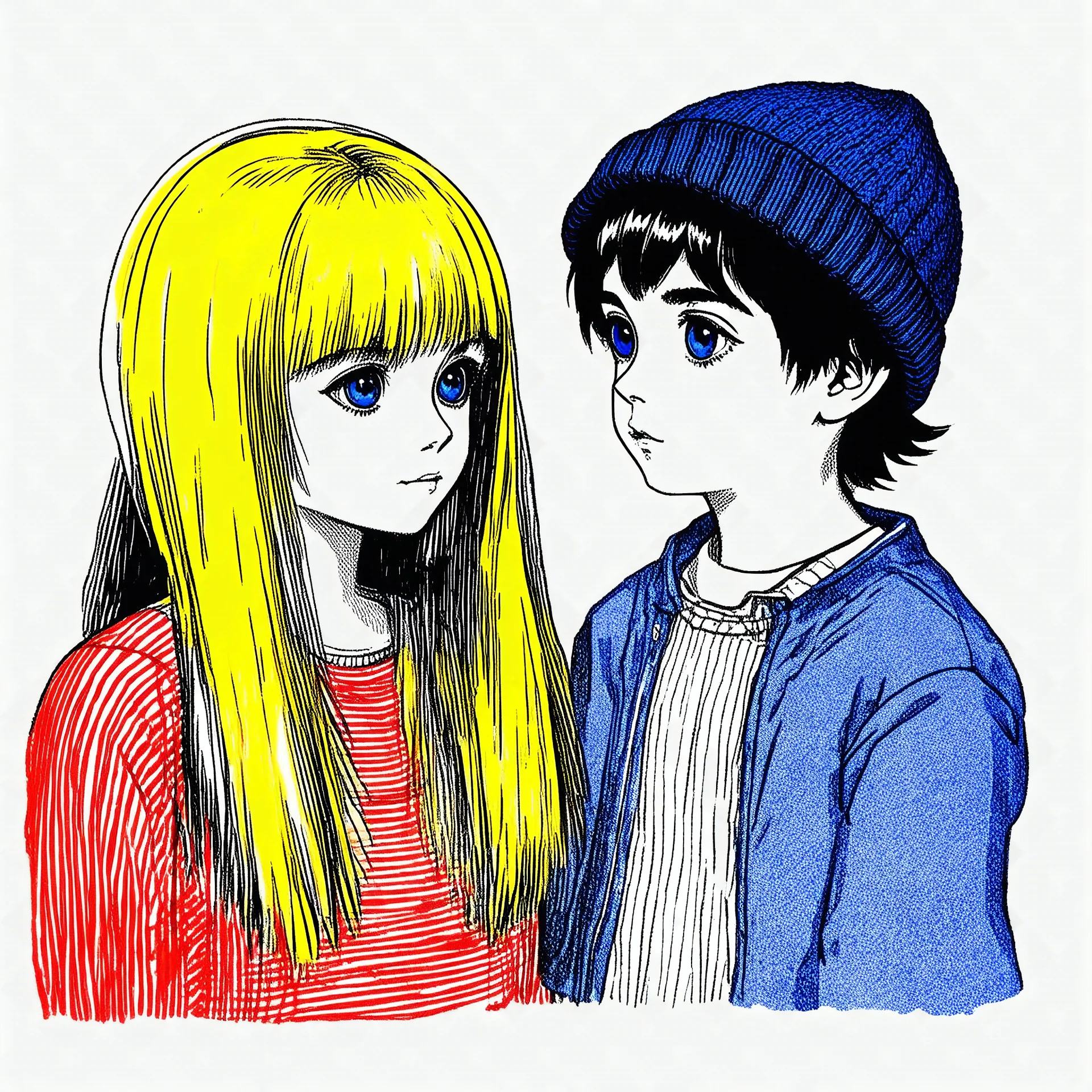 Sketch of a girl with long yellow hair parted in the middle of the head and a boy with big blue eyes and black hair, a woollen hat. Listening to music. In the 70s