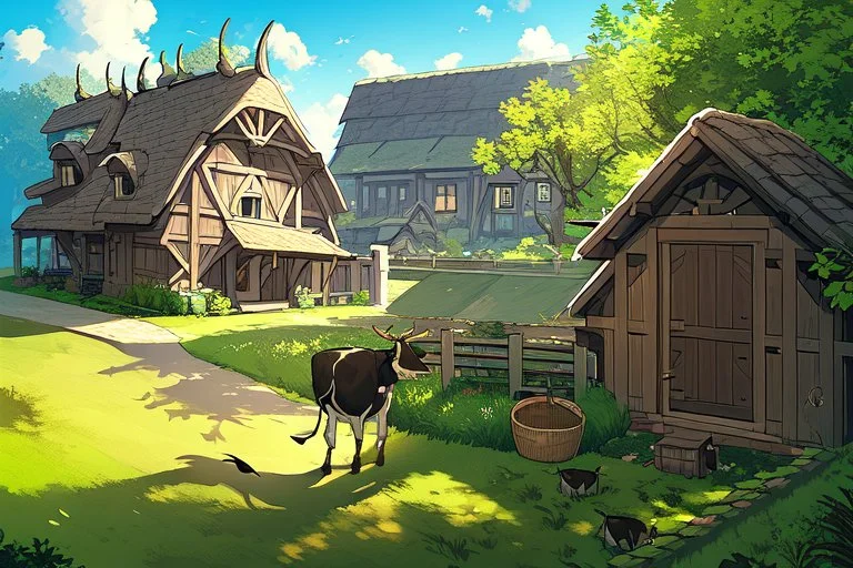 Farm, green grass, house, girl , cow's tail, cow's horne , cow's under