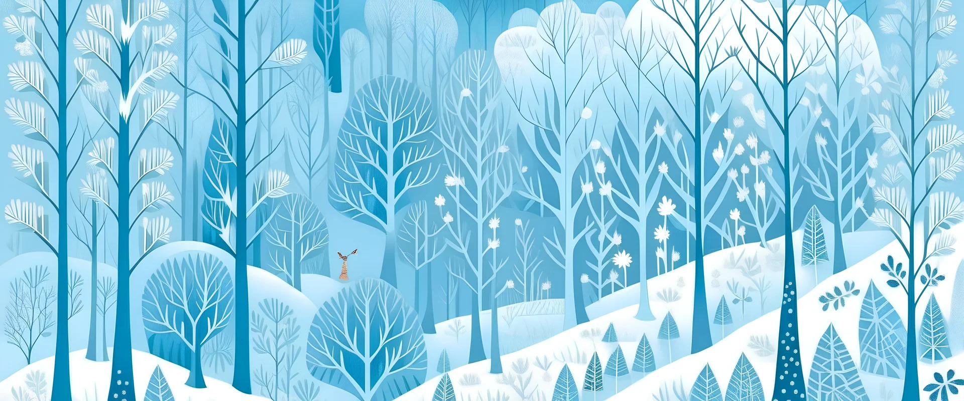 A light blue winter forest with falling snowflakes designed in German folk art