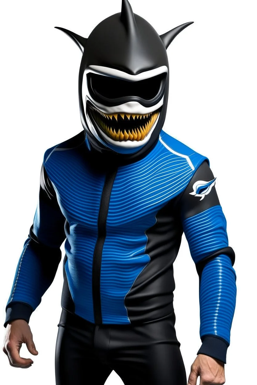 Surfsharks superhero costume combines a black, form-fitting bodysuit with a deep ocean-blue wetsuit-style jacket, featuring shark fin-like shoulder embellishments. White shark tooth designs adorn the arms and legs. His cowl resembles a shark's head, with a dark visor revealing his piercing brown eyes, there is a shark fin ontop of his helmet and on his back. The chest emblem is a stylized shark with dorsal fins reminiscent of Batman's bat symbol