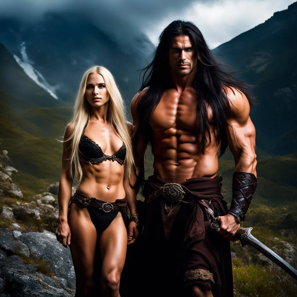 tall muscular male mountain man with long dark hair with a petit female with long blonde hair, dark fantasy,