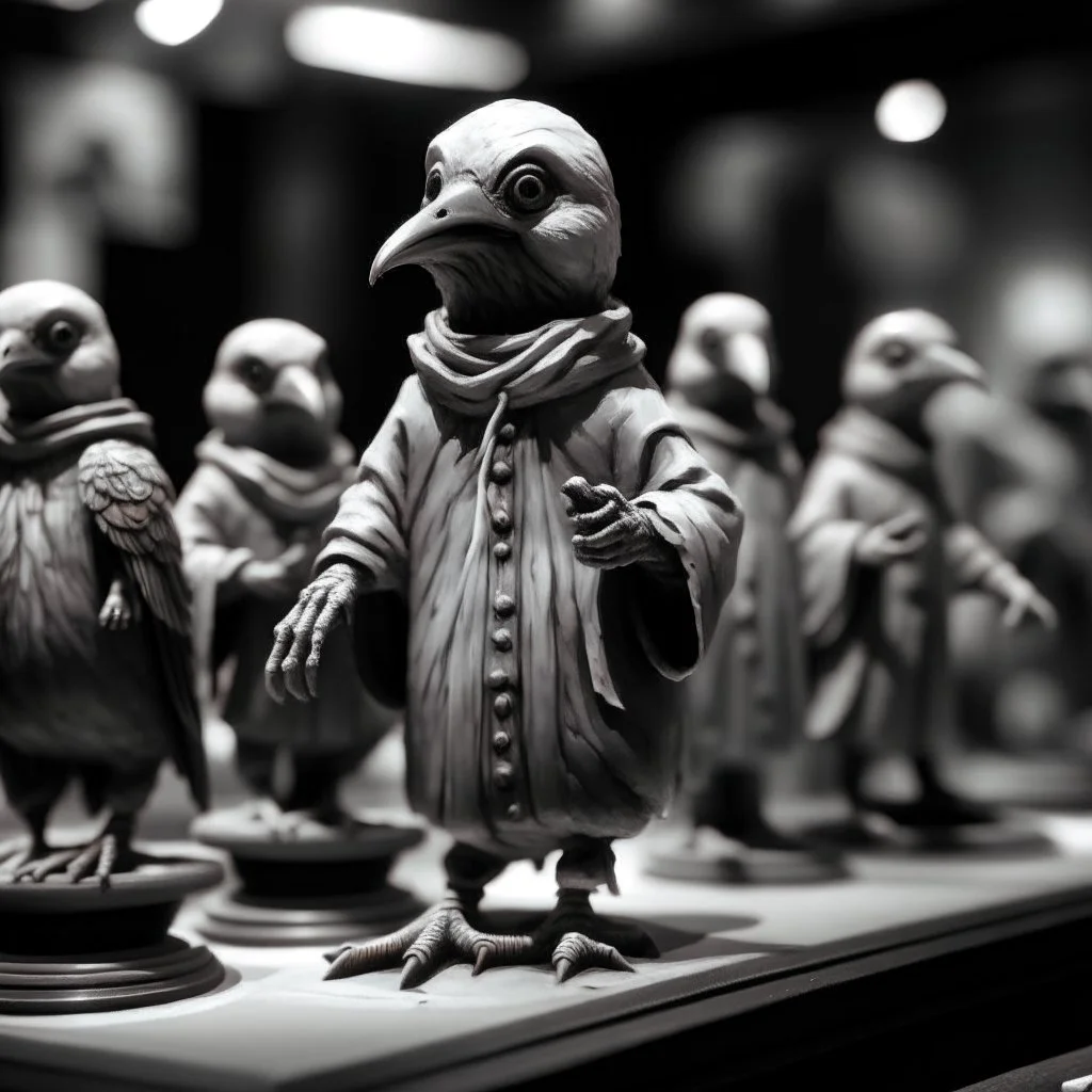 a statuette of a creepy birdperson cult in a display greyscale photo