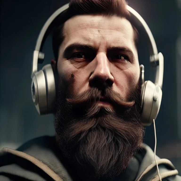 DJ cyborg short bearded Christian Boshell with headphones. dystopian cyberpunk style similar to sin city, cinematic Fire theme art, Dark moody atmosphere, similar to a Michelangelo art direction, close-up face